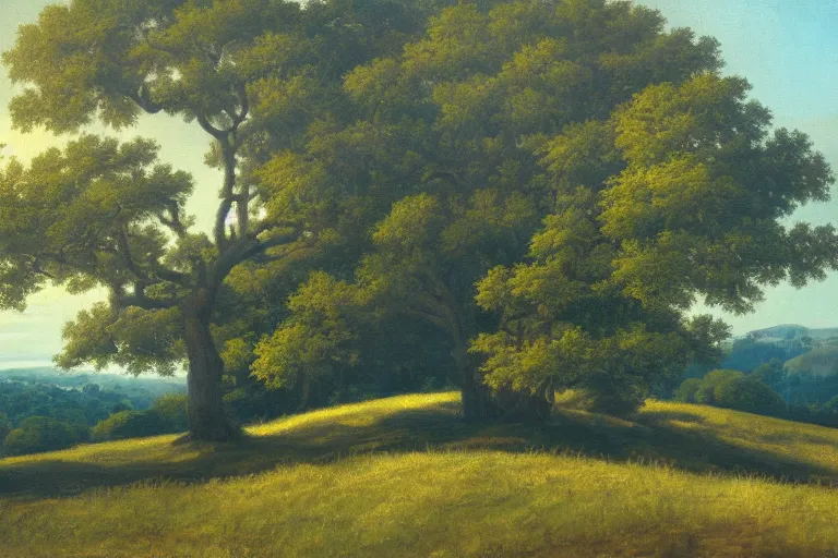 Image similar to masterpiece painting of oak trees on a hillside overlooking a creek, dramatic lighting, by lemoine fitzgerald