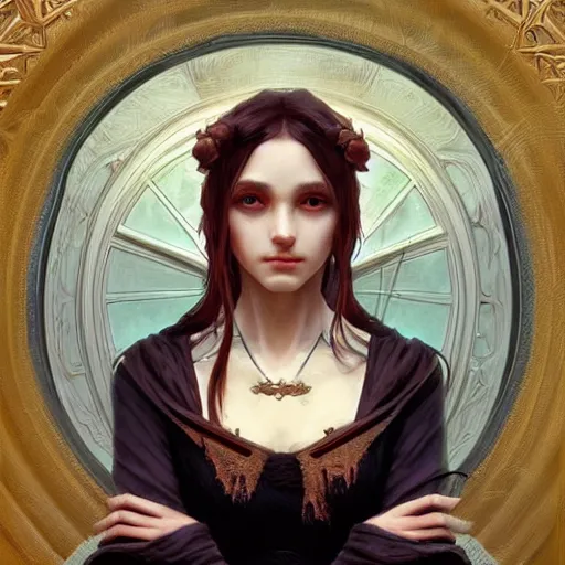 Image similar to portrait of a female necromancer, intricate, elegant, highly detailed, digital painting, artstation, concept art, smooth, sharp focus, illustration, art by artgerm and greg rutkowski and alphonse mucha and william - adolphe bouguereau