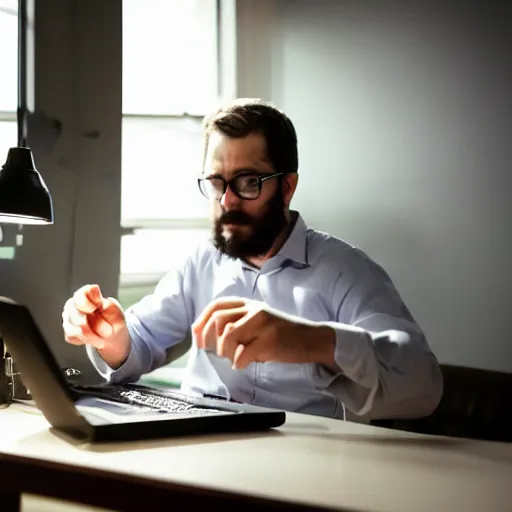 Image similar to Award-winning photograph of an software developer coding in a dimly light office with neon lights, coffee cups covering the floor, cinematic, 8k, ultra realistic