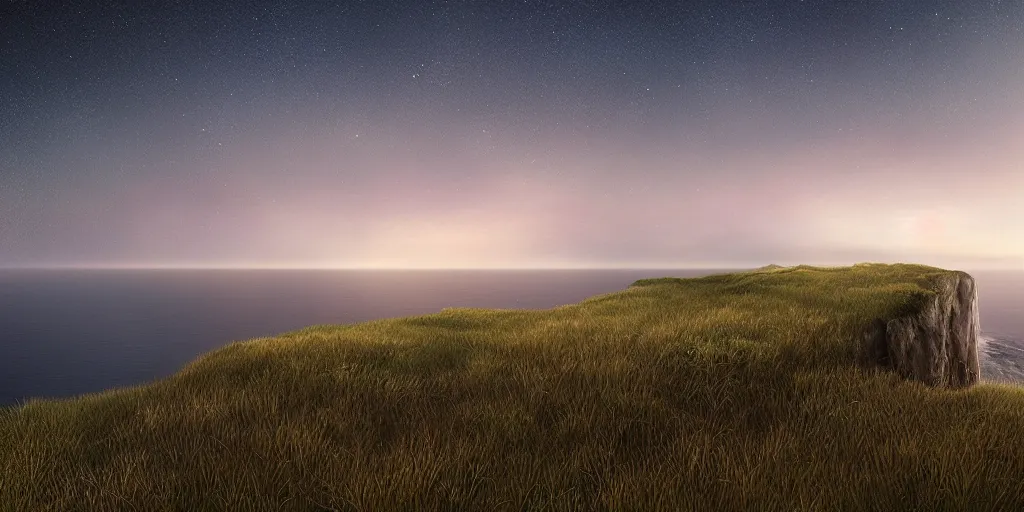 Prompt: Field on the edge of a cliff overlooking the ocean at midnight by Jessica Rossier