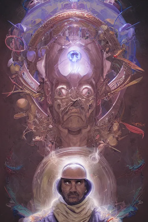 Image similar to portrait of the heteromorph ammonite wizard wearing the epic artifact headgear that creates the universe by artgerm and Craig Mullins, James Jean, Andrey Ryabovichev, Mark Simonetti and Peter Morbacher 16k