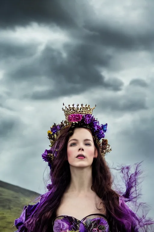 Image similar to closeup portrait fine art photo of the beauty catriona balfe, she has a crown of stunning flowers and dress of purple satin and gemstones, background full of stormy clouds, by peter mohrbacher