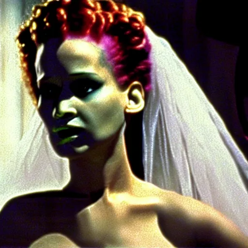Image similar to jennifer lawrence, color photography, sharp detail, still from the movie bride of frankenstein