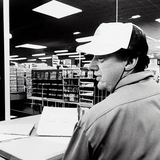 Image similar to Donald Trump working at Kmart in the 1980s, black and white photo,