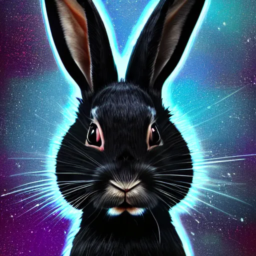 Image similar to a digital painting portrait of a rabbit wearing a vr hmd, black background with stars, photorealism