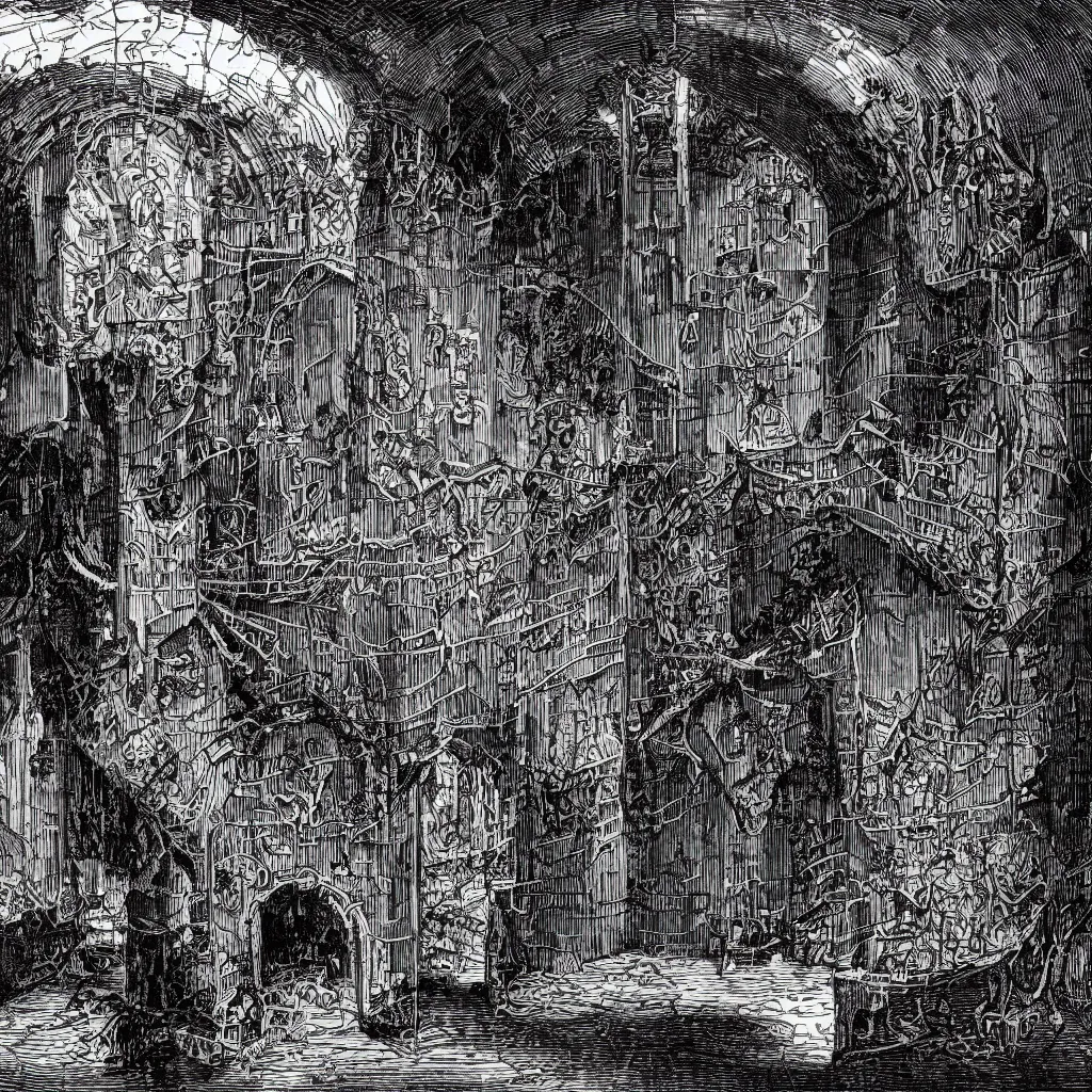 Prompt: fractal jail, panopticon, black and white medieval lithography, malevolent spirits dripping out, mutant rats