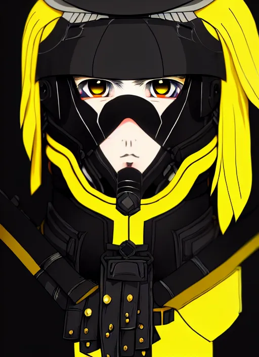 Image similar to anime portrait of a vicious helldiver scout soldier, black armor with yellow accents, closeup on face, ilya kuvshinov, anime, pixiv top monthly, trending on artstation, cinematic, danbooru, zerochan art, kyoto animation