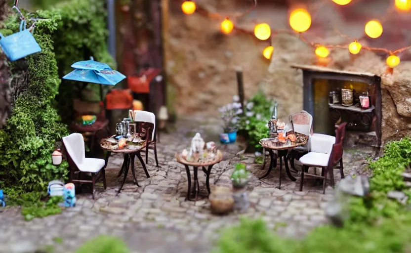 Image similar to mini cafe for mice diorama macro photography, ambient, atmospheric photograph, string lights, romantic