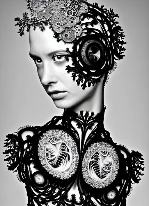 Image similar to surreal black and white photo portrait of complex bio-mechanical beautiful young female vegetal-cyborg with a Mandelbrot fractal metal fine lace face, curled silver hair, 150 mm lens, soft rim light, fine metal floral foliage super big lace collar by Alexander McQueen, high fashion, haute couture, rococo, steampunk, silver filigree details, anatomical, facial muscles, cable wires, microchip, elegant, hyper realistic, octane render, unreal engine, in the style Dora Maar, volumetric lighting, 8k,