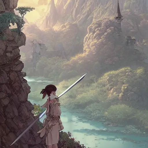 Image similar to the knight and the sword of rose petal, anime, castle core, mountains, rocky roads. by hayao miyazaki and rossdraws and artgerm and greg rutkowski and alphonse mucha and studio ghibli and ilya kuvshinov. high quality, stunning, intricate detailed environment. 8 k