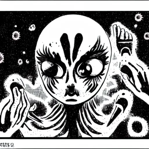 Prompt: a frame from a cosmic horror manga, in the style of junji ito