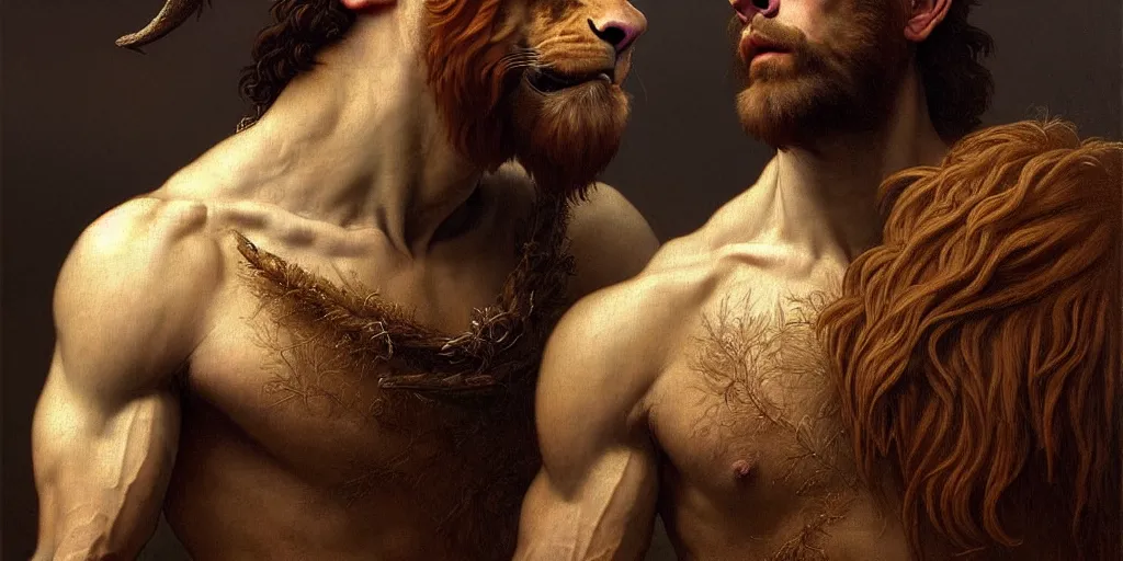 Image similar to renaissance painting upper body portrait of a gruff man, a ranger with a maned lion, lean and toned, handsome face, hairy chest, intricate, elegant, highly detailed, digital painting, artstation, concept art, matte, sharp focus, illustration, art by da Vinci, Artgerm and Greg Rutkowski and Alphonse Mucha