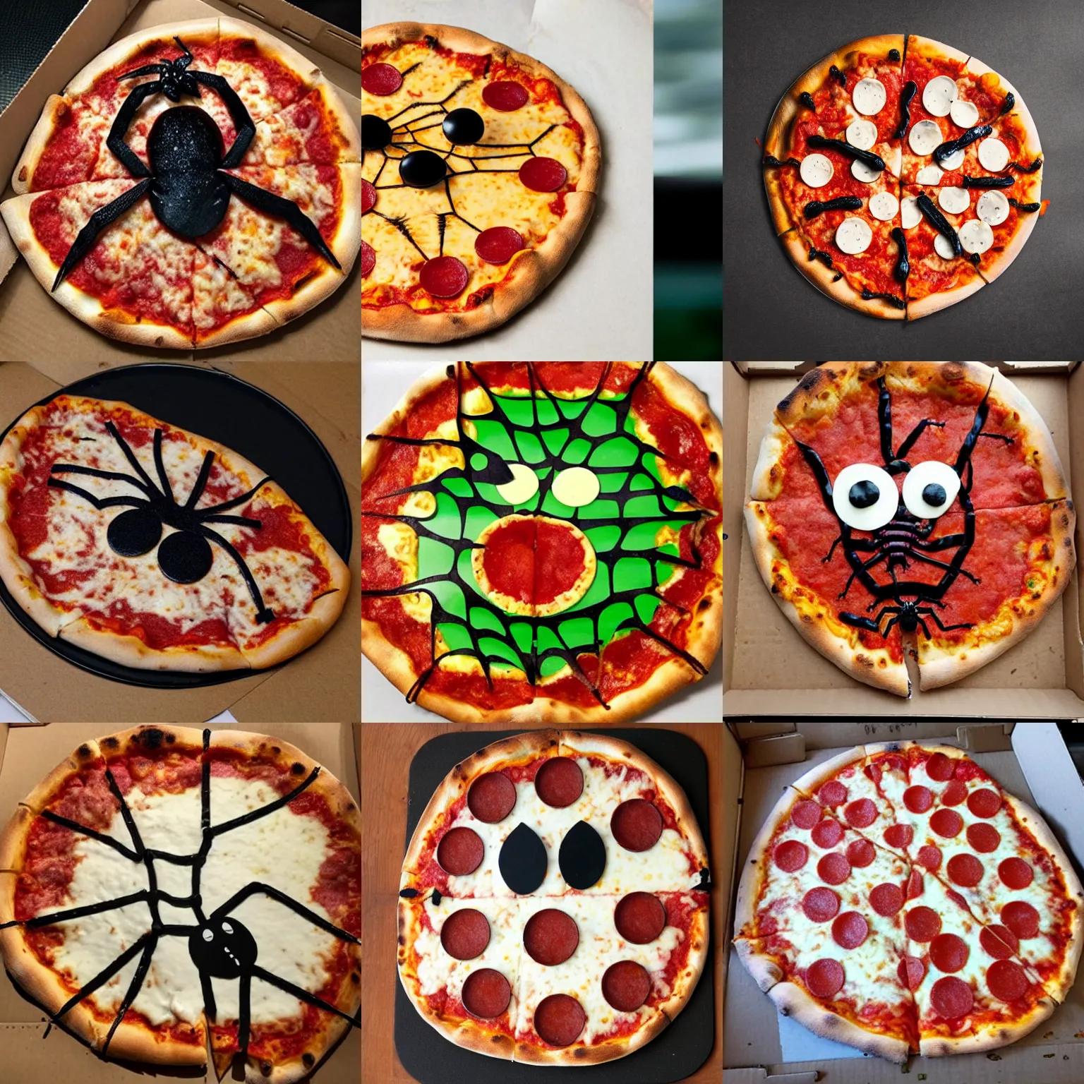 Prompt: a pizza in the shape of a spider