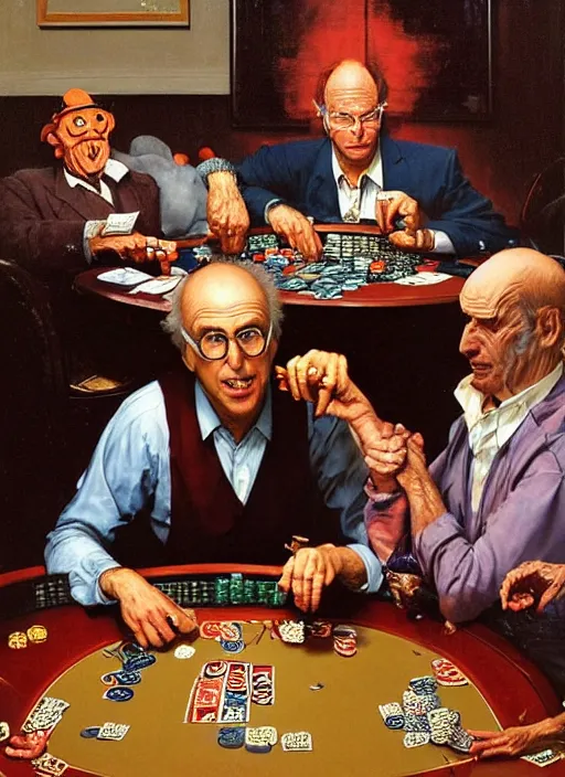 Prompt: realistic detailed image of larry david playing poker by Francis Bacon, Surreal, Norman Rockwell and James Jean, Greg Hildebrandt, and Mark Brooks, triadic color scheme, By Greg Rutkowski, in the style of Francis Bacon and Syd Mead and Edward Hopper and Norman Rockwell and Beksinski, open ceiling, highly detailed, painted by Francis Bacon, painted by James Gilleard, surrealism, airbrush, Ilya Kuvshinov, WLOP, Stanley Artgerm, very coherent, art by Takato Yamamoto and James Jean