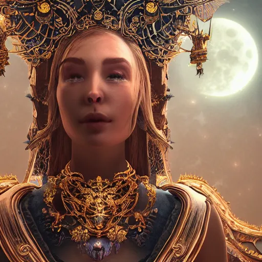 Image similar to portrait of moon sorceress, beautiful, attractive, glowing, ornate and intricate, jaw dropping, dynamic lighting, dark, menacing, intricate and detailed, 4 k octane render, age 2 0