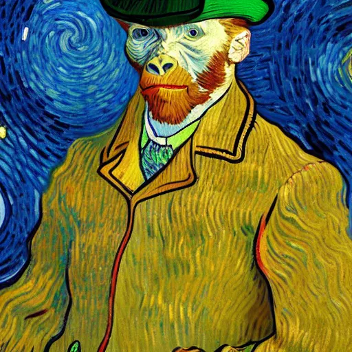 Prompt: a van gogh painting of a gorilla wearing a top hat, 4 k, hyper realistic, dslr, landscape, high resolution