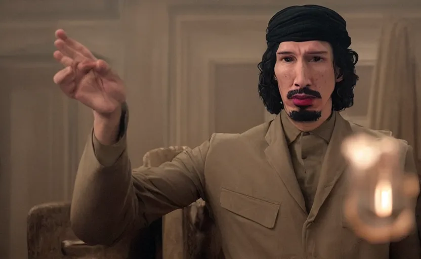 Image similar to Adam Driver as Gaddafi in 'Ddafi' (2025), movie still frame, oscar nominated cinematography, volumetric lighting, 8k resolution, beautiful composition