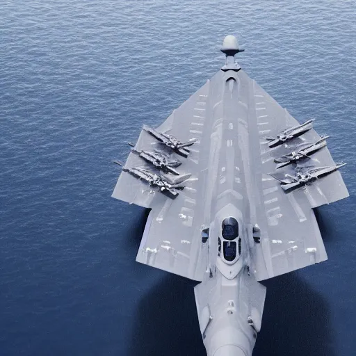 Prompt: promotional movie still, birds - eye view, a usa aircraft carrier in the ocean. in the distance a tie fighter ( star wars ) comes in for a landing. octane 3 d render, ue 5, realism, cinematic, imax 7 0 mm.