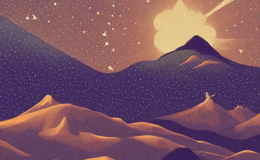 Prompt: mountains, stars and paisley filled sky, artstation, intricate, highly detailed, digital painting, concept art, sharp focus, illustration by Benjamin Lacombe and Piero della Francesca