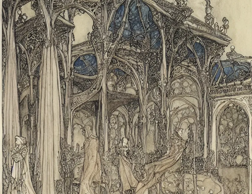 Image similar to a detailed, intricate watercolor and ink illustration with fine lines of the view from the river of an art nouveau arabian palace, by arthur rackham and edmund dulac and lisbeth zwerger
