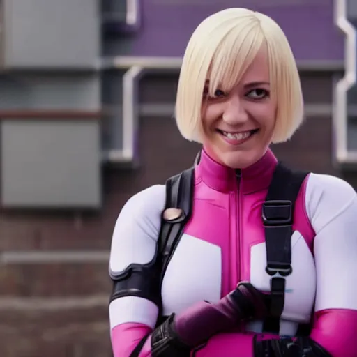 Image similar to A still of Gwenpool in Deadpool 3 (2023), blonde hair with pink highlights, no mask, white and light-pink outfit, smiling and winking at the camera