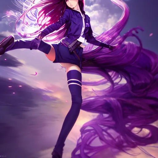 Prompt: An anime still of Ana De Armas with long purple hair leaping through explosion by Stanley Artgerm Lau, WLOP, Rossdraws, James Jean, Andrei Riabovitchev, Marc Simonetti, and Sakimichan, trending on artstation