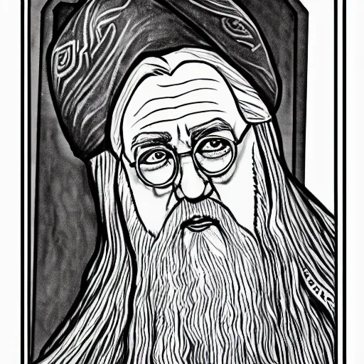 Prompt: Dumbledore coloring book page, black and white