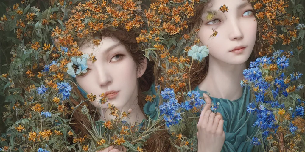 Prompt: breathtaking detailed concept art painting of the goddesses of cornflower flowers, orthodox saint, with anxious, piercing eyes, ornate background, amalgamation of leaves and flowers, by Hsiao-Ron Cheng, James jean, Miho Hirano, Hayao Miyazaki, extremely moody lighting, 8K