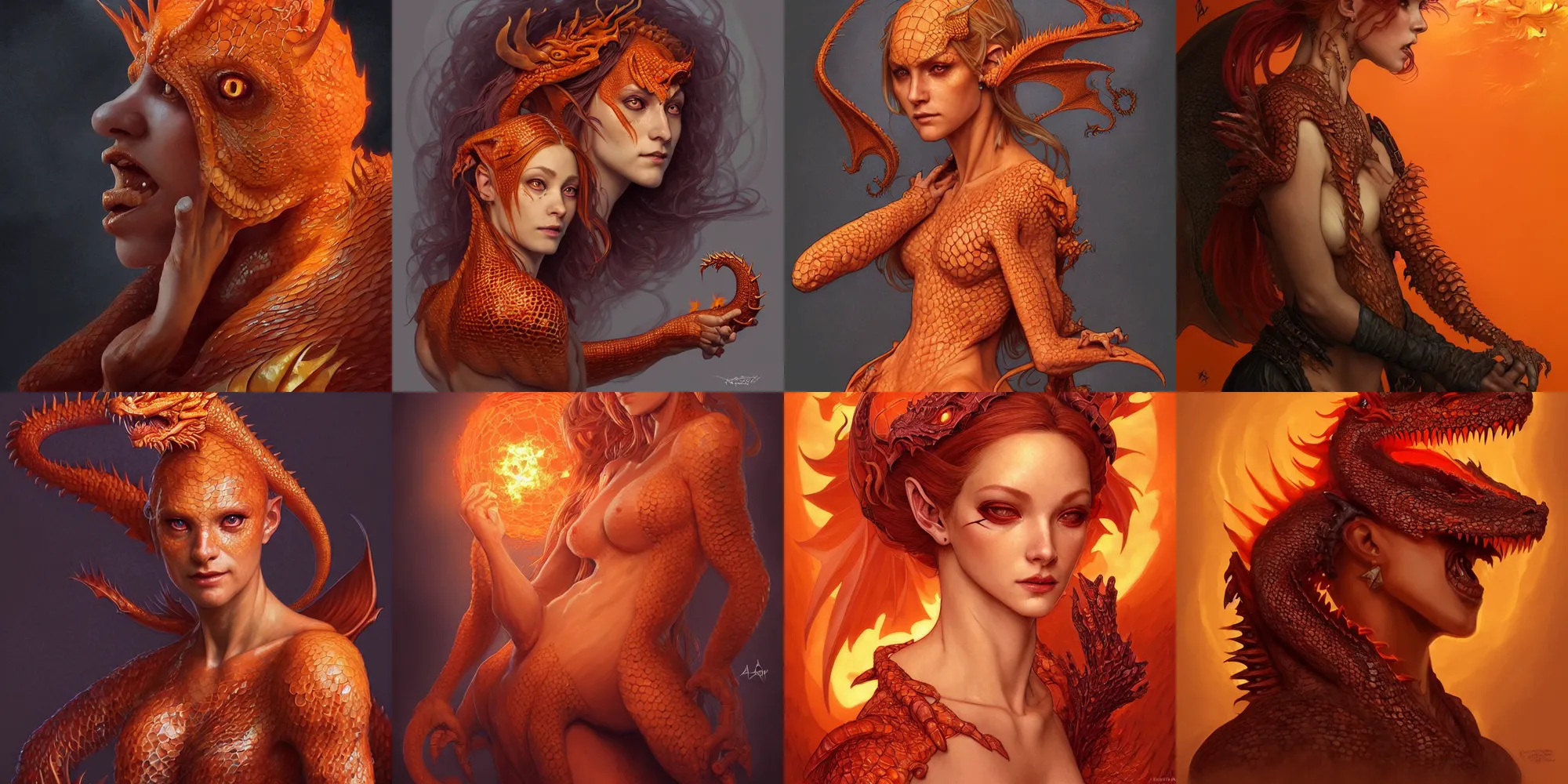 Prompt: “portrait of a scaly orange female half-dragon half-human sorcerer casting a spell, D&D character, highly detailed, digital fantasy character painted portrait, artstation, concept art, sharp focus, illustration, art by artgerm and greg rutkowski and alphonse mucha and craig mullins and James Jean and Andrei Riabovitchev and Marc Simonetti and peter mohrbacher”