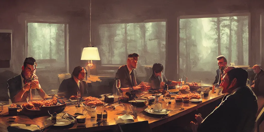 Image similar to Dale Cooper is eating meatballs at the Black Lodge, Greg Rutkowski, Darek Zabrocki, Karlkka, Jayison Devadas, Phuoc Quan, trending on Artstation, 8K, ultra wide angle, pincushion lens effect.