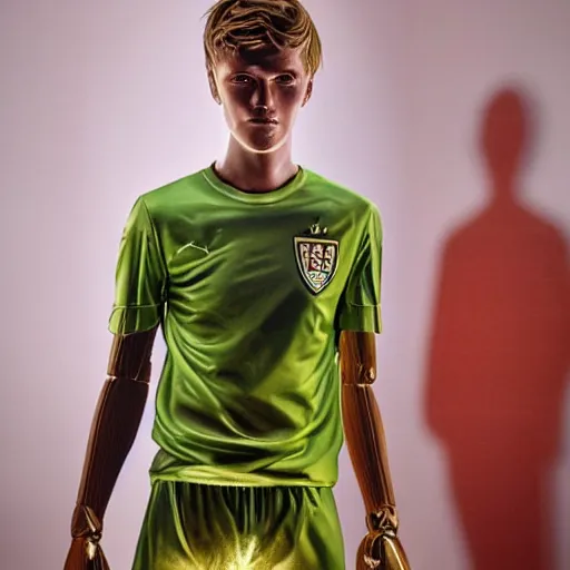 Image similar to a realistic detailed photo of a guy who is an attractive humanoid who is half robot and half humanoid, who is a male android, soccer player martin ødegaard, shiny skin, posing like a statue, blank stare, in a living room, on display, showing off his muscles, gold soccer shorts