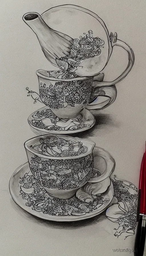 Image similar to 2 cups drawn with fountain pen , beautiful composition , extremely detailed