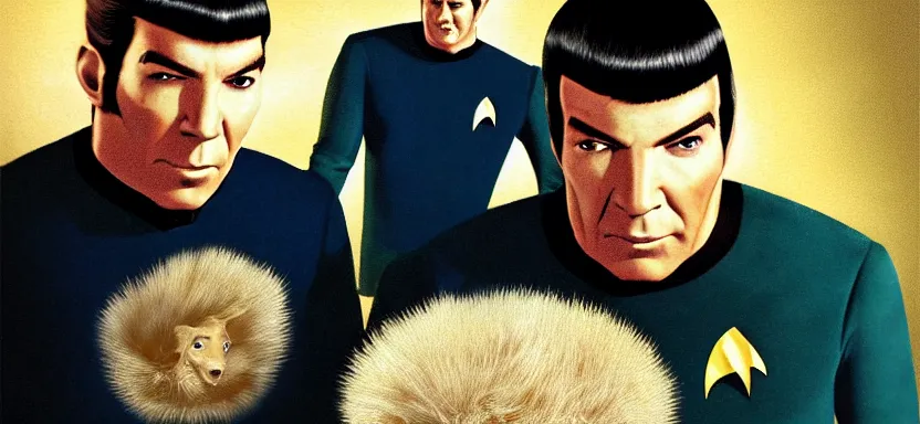 Prompt: captain kirk and spock with tribbles by juan ortiz 8k,