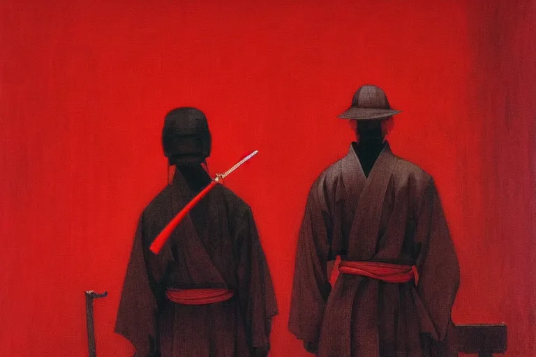 Image similar to only with red, a red samurai harakiri, tokio, a lot of frogs watch, in the style of beksinski, parts by edward hopper, parts by rodcenko, parts by yue minjun, intricate and epic composition, red by caravaggio, insanely quality, highly detailed, masterpiece, red light, artstation, 4 k