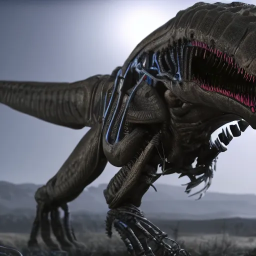 Prompt: still of a cyborg T-Rex on an alien planet, ruby eyes, robotic extended arms, 4k, film grain, 85mm