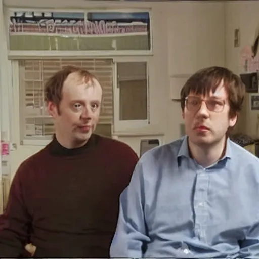 Prompt: photograph of Mark and Jez at their flat in Croydon, screenshot from Channel 4's Peep Show (2003)