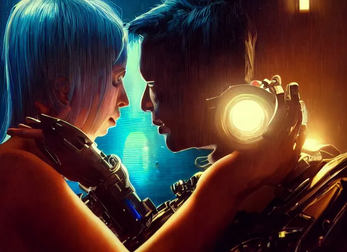 Image similar to ultra realistic medium shot of a couple of cyborgs kissing, lovers, cyberpunk, sci - fi, fantasy, kodak, colour led, soft light, volumetric lighting, night, intricate, highly detailed, digital painting, concept art, smooth, sharp focus, illustration, art by artgerm and greg rutkowski and alphonse mucha