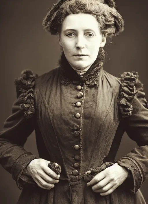 Prompt: portrait of a victorian woman wearing a winter coat, military, highly detailed, fantasy, cinematic lighting, close up, realistic, photograph by elliott & fry