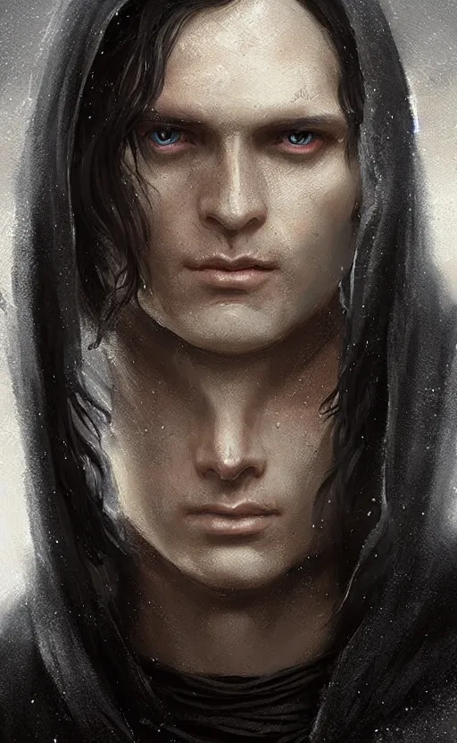 Image similar to Portrait of an elf in a black cloak, black hair, glowing eyes, male, detailed face, fantasy, highly detailed, cinematic lighting, digital art painting by greg rutkowski