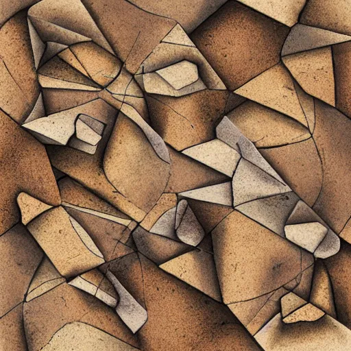 Image similar to masterpiece abstract intricate painting of detailed highly layered flat textured rocky field along a planer surface of rectangular shapes. highly geometric rectangular shapes with thin pencil rough sketch lines slanting down. isometric angles. beautiful use of light to create a sense of a stony landscape. using architectural brushwork and a rich earthy color palette, providing a mathematical rough sketch.