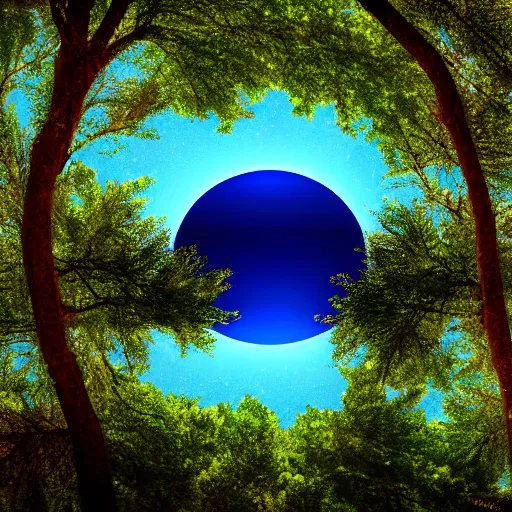 Prompt: blue, tree, Green sun