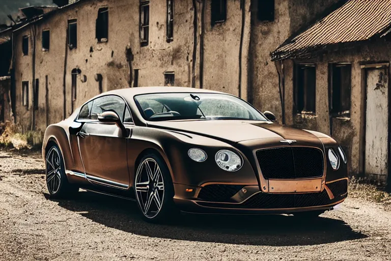 Image similar to modern rusty matte tired Bentley Continental GT without gloss no reflections drives along the road of an old Russian village with houses at the edges