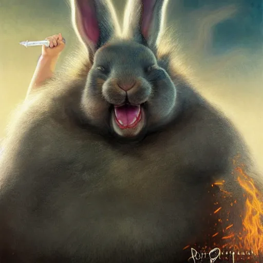 Image similar to hyper realistic, lord of the rings, close up portrait of a mega derpy john candy, big chungus, with bunny ears, stoned, by greg rutkowski, scott m fischer, artgerm, loish, slight glow, atmospheric, anne stokes, alexandros pyromallis