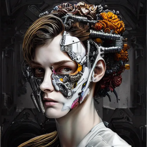 Prompt: vibrant portrait of beautiful white marble cyborg woman by sandra chevrier, laurie greasley gustave dore ron english, cybernetics, low contrast, cinematic dramatic lighting, hyper realistic detailed intricate render, hypermaximalist, ornate, epic composition, cryengine octane, sharp focus, concept art, masterpiece