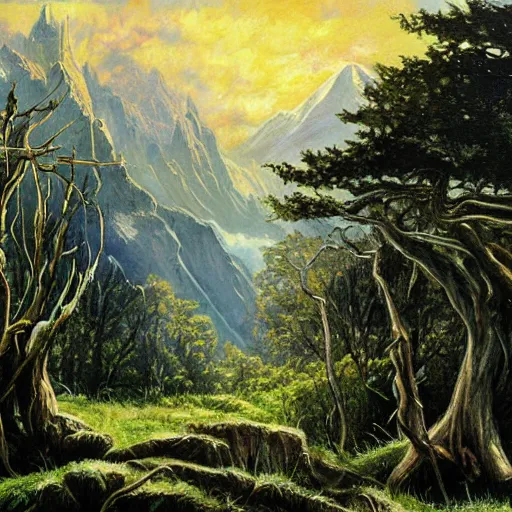 Image similar to painting lord of the rings dramatic landscape, forrest