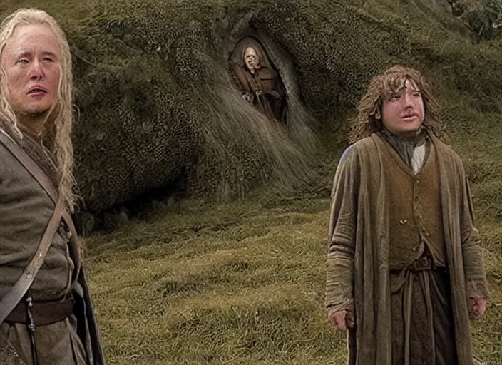 Image similar to screenshot from the fellowship of the ring where elon musk plays a hobbit