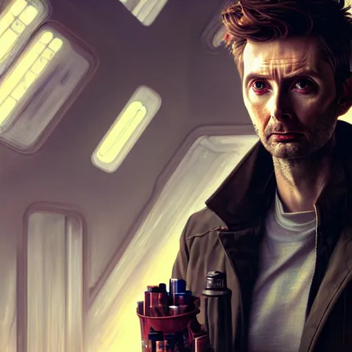 Image similar to portrait painting of a cyberpunk mechanic david tennant, ultra realistic, concept art, intricate details, eerie, highly detailed, photorealistic, octane render, 8 k, unreal engine. art by artgerm and greg rutkowski and charlie bowater and magali villeneuve and alphonse mucha