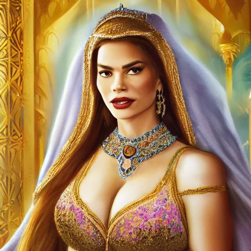 Prompt: a portrait of sofia vergara as an arabian princess in a disney movie, crown!! oil painting, pale colors, high detail, 8 k, wide angle, trending on artstation,