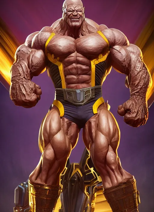 Image similar to jeff bezos is a muscular bodybuilder as thanos, au naturel, hyper detailed, digital art, trending in artstation, cinematic lighting, studio quality, smooth render, unreal engine 5 rendered, octane rendered, art style by klimt and nixeu and ian sprigger and wlop and krenz cushart.