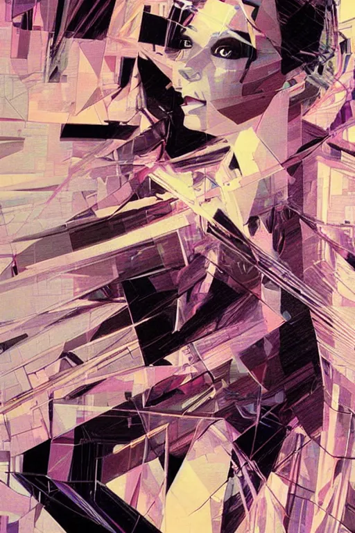 Prompt: wideangle portrait, a wild beautiful ballet dancer tangled in tensor fields, madness, decoherence, synthwave, glitch!!, fractured reality, vortex, realistic, hyperdetailed, concept art, art by syd mead, cubism